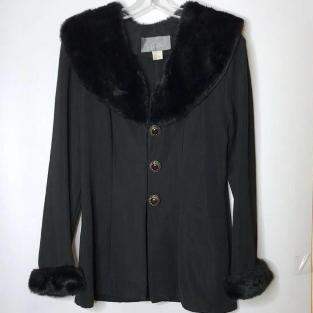 Stella USA Vintage Black Faux Fur Collar Cuffs Buttoned Peacoat Blazer Jacket